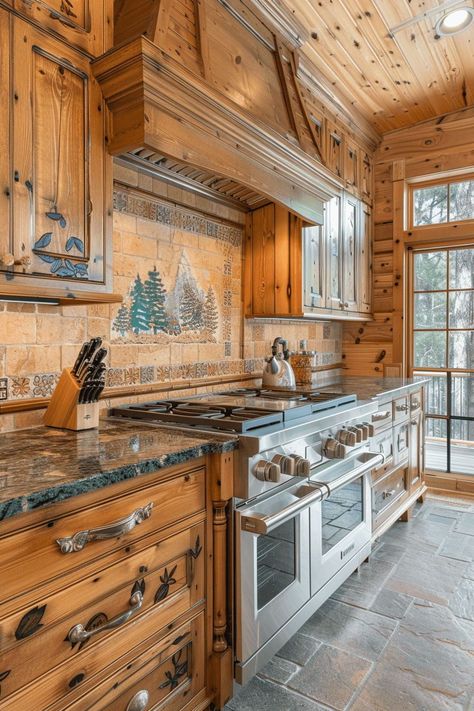 Discover the perfect blend of rustic charm and modern elegance with our cabin kitchen ideas. Whether you're dreaming of a cozy nook in a small log cabin or envisioning a spacious  retreat, we've got you covered. From remodels that retain a hint of the wilderness to traditional designs featuring black bears and other thematic elements. Get inspired by unique backsplash options that perfectly complement the rustic ambiance of cabin living. Small Log Cabin Kitchens, Cabin Kitchens Rustic, Cabin Kitchen Ideas, Log Cabin Kitchen Ideas, Kitchen Ideas Rustic, Log Cabin Small, Log Cabin Kitchens, Backsplash Options, Log Cabin Kitchen