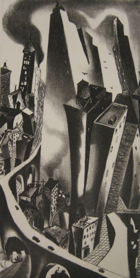 Della-Volpe, Ralph (Born 1923) New York area artist known primarily as a painter who worked earlier in his career as a printmaker, "New York", lithograph, 1947 German Expressionism, City Drawing, Graphic Poster Art, Expressionist Art, City Illustration, Art Deco Architecture, Ghibli Art, Scary Art, Art Films