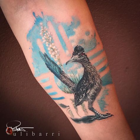 Roadrunner Tattoo, New Mexico Tattoo, Runner Tattoo, Desert Tattoo, Mexico Tattoo, New Mexico Flag, Inner Arm Tattoo, Tattoo Expo, Western Tattoos