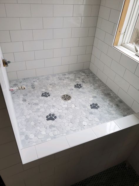 Decorative Paw Tile for Doggie Shower in Deephaven - TOUCHDOWN TILE Bathroom Tile Installation, Shower Pan Tile, Custom Tile Shower, Recycled Tile, Glass Tile Backsplash, Limestone Tile, Mosaic Backsplash, Bath Tiles, Dog Wash