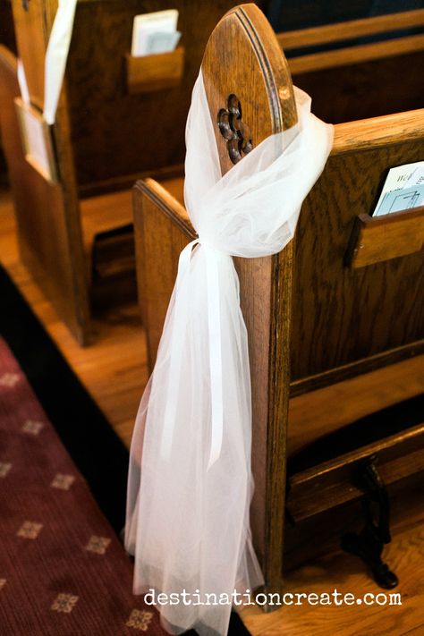 Aisle Decorations Wedding Pew, Pew Tulle Decorations Wedding, Boutineer Placement On Shirt, Pew Clips Weddings, Simple Pew Ends, Tulle Pew Decorations, Pew Decorations Wedding Simple, Diy Wedding Pew Decorations, Pew Bows Wedding Church