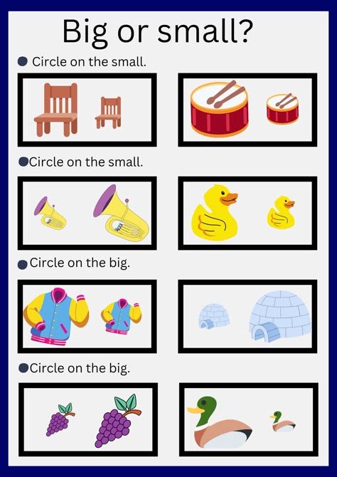 Ict Worksheets For Preschoolers, Big Vs Small Worksheet, Up Down Worksheet Preschool, Math Worksheet For Preschool, Preschool Big And Small Activities, English For Preschoolers Activities, Big And Small Activities Preschool Free Printable, One And Many Worksheet For Kindergarten, Same And Different Worksheets Preschool