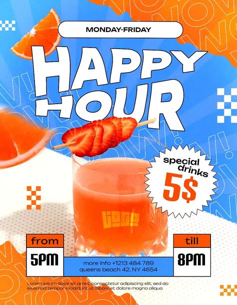 Check out the Free Happy Hour Drinks Flyer Template for your next club and party event. FreePSDFlyer.com is the best resource full of amazing Free PSD Flyer Templates for Photoshop! Create amazing flyer, poster or social media designs with our free templates. Hire a Professional Freelancer for Your Flyer Design Needs!Are you in need of a professionally designed, ready-to-print flyer? Look no further! For just $10, I offer top-notch flyer design services to cater to all your needs.Whether you Happy Hour Flyer Design, Happy Hour Graphic Design, Cafe Event Poster, Cool Flyer Design, Promo Poster Design Ideas, Drink Social Media Design, Event Social Media Design, Beverages Poster, Promo Design Poster