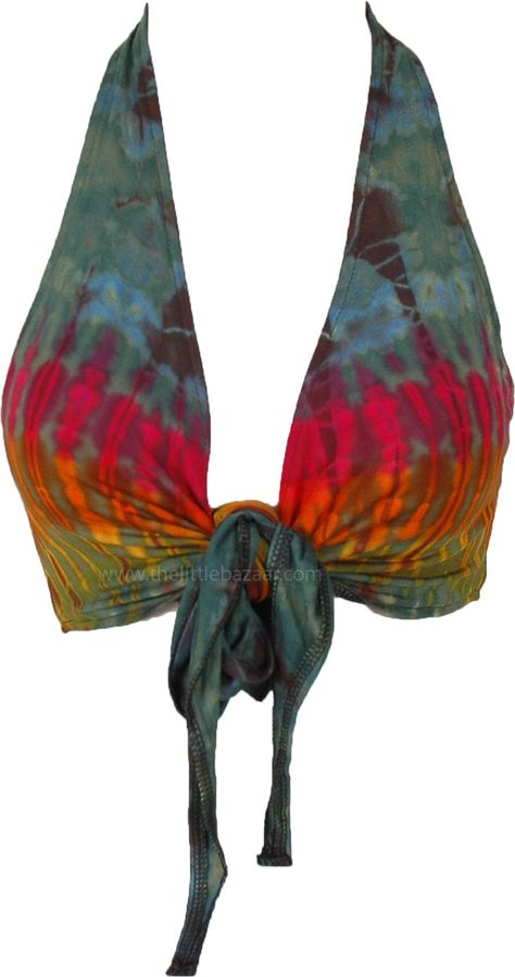 This bright soft crop top has a smoldering hot looking tie-dye color in a green base.  It has a front tie and three straps on the back, giving a hippie style of its own, for a stylish free-spirited look. #tlb #Sleeveless #beachwrap #bohemianfashion #Handmade #TieDye #BohemianTop Stretchy Crop Tops, Beach Bohemian, Bohemian Top, Earthy Outfits, Bohemian Handmade, Tie Dye Colors, Bohemian Tops, Boho Pants, Lace Straps