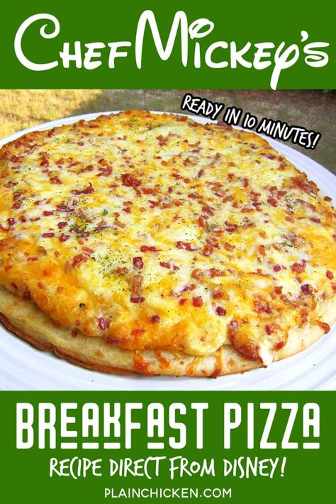 Chef Mickey's Breakfast Pizza - recipe from Walt Disney World - quick and easy breakfast pizza - ready in 10 minutes!! Premade pizza crust topped with eggs, heavy cream, mozzarella, provolone, cheddar and bacon. Great weekday breakfast! #disney #kidfriendly #breakfast Essen, Crustless Breakfast Pizza, Sheet Pan Breakfast Pizza, Best Breakfast Pizza, Breakfast Recipes With Eggs, Easy Breakfast Pizza, Chef Mickey, Breakfast Pizza Recipe, Weekday Breakfast