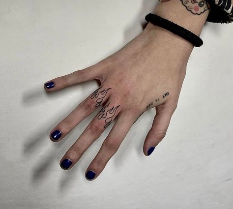 Flame Finger Tat, Flames Finger Tattoo, Flame On Finger Tattoo, Hand Tattoos Flames, Finger Fire Tattoo, Finger Tattoo Drawings, Finger Tattoos Thumb, Edgy Finger Tattoo, Flames Hand Tattoo