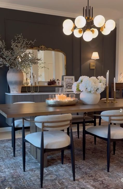 Dining Table And Living Room Combo, Neutral Dining Room With Black Accents, Dining Table Inspo Decor, Modern Lux Dining Room, Black Dining Table Centerpiece, Circle Dinner Table, Black Dining Table Decor Ideas, Grey Dining Room Ideas, 6 Person Dining Table