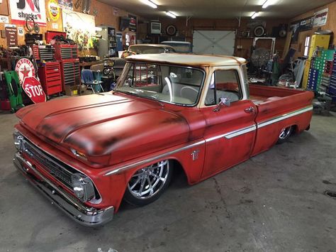 64-66 Chevy C10 pickup slammed on the ground with a patina two two paint job and satin clear. Patina Truck, Sp2 Vw, 1965 Chevy C10, Low Trucks, Ford Highboy, 1966 Chevy Truck, Customization Ideas, Bagged Trucks, Silverado Truck