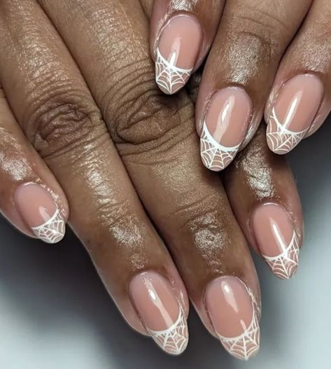 Clear Halloween Nail Designs, Halloween Nails Trendy, Autumnal French Tips, Short Almond Nails Boho, Nail Inspo Halloween Simple, Short Almond Halloween Nails Designs, Halloween Nails Neutral, Nude Halloween Nail Designs, Halloween Nail Ideas Short