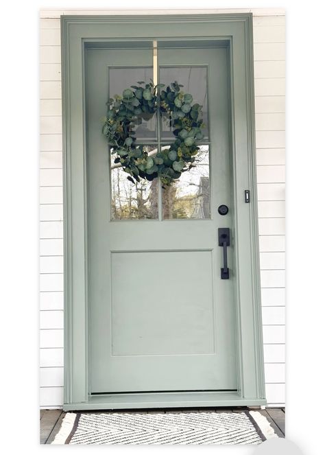 Sage Outdoor Paint, Front Door Sage Green, Pale Green Front Door, Sage Front Door, Light Green Door, Sage Green Front Door, Outdoor Alfresco, Teal Door, Gray House Exterior