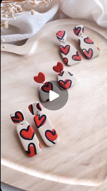 Trending Clay Earrings, Valentine Earrings Diy, Valentine Clay Earrings, Valentines Clay Earrings, Clay Earring Designs, New Years Earrings, Polymer Clay Earrings Diy, Painted Valentines, Valentine Earrings