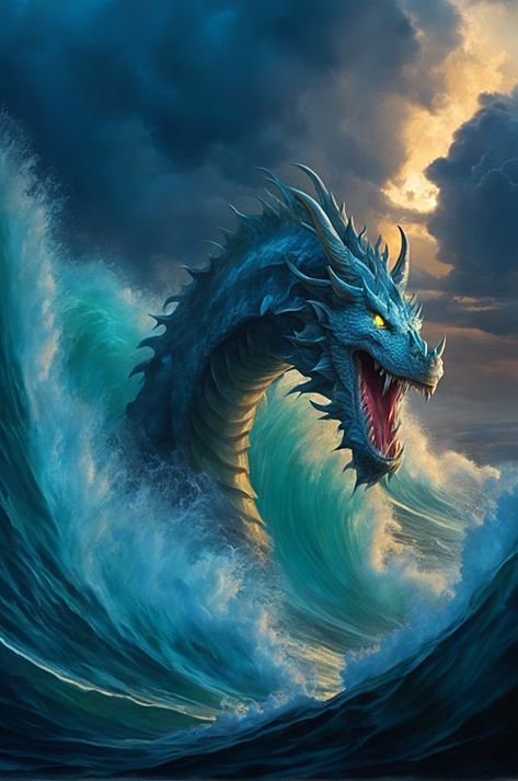 Water Dragon Fantasy Art, Leviathan Monster Sea Dragon, Sea Serpent Aesthetic, Sea Dragon Mythical, Aquatic Dragon, Blue Sea Dragon, Water Serpent, Snake Monster, Raging Sea