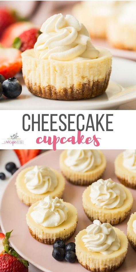 This easy Cheesecake Cupcakes recipe (mini cheesecakes) is simple to make and customize! They are freezer friendly and perfect for any dessert table, birthday party or baby shower. Try Oreo or Strawberry variations, too! #cheesecake #cupcakes #dessert #recipe \ mini cheesecake | cream cheese | cupcake recipe | mini dessert | individual dessert Individual Cheesecake Recipes, Dessert Individual, Cheesecake Cream Cheese, Dessert Table Birthday Party, Cheesecake Cups Recipe, Cheesecake Cream, Cheesecake Cupcakes Recipe, Cheese Cupcake, Mini Cheesecakes Easy