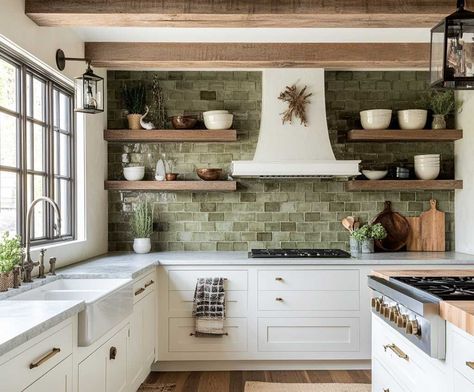 11+ Calming Backsplash Ideas for White Cabinets with Green Hues • 333+ Inspiring Lifestyle Ideas White Cabinets With Sage Backsplash, Green Splash Back Kitchen White Cabinets, White And Green Backsplash, White Cabinets With Green Backsplash, Kitchen Backsplash Green Tile, White Cabinets With Colored Backsplash, Cream Cabinets Green Backsplash, Wood Cabinets With Green Backsplash, White Kitchen Cabinets With Green Backsplash