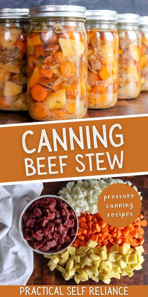 home canned beef stew in jars and raw stew meat, onions, carrots, and potato chopped up. Can Beef Stew, Canning Beef Stew, Canning Beef, Pressure Canning Meat, Canning Soup Recipes, Easy Canning, Pressure Canning Recipes, Easy Beef Stew, Home Canning Recipes