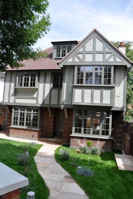 Modern English Exterior, 1920s House Exterior, London House Exterior, Tudor Exterior Paint, Modern Tudor House Exterior, Pub Exterior, Brown Brick Exterior, Bavarian Castle, Tudor Exterior