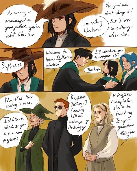 Nekocat Good Omens Harry Potter, Good Omens X Harry Potter, Good Omens Harry Potter Au, Harry Potter Au, Harry Potter Crossover, Good Omens Book, Slytherin House, Ineffable Husbands, Harry Potter Drawings