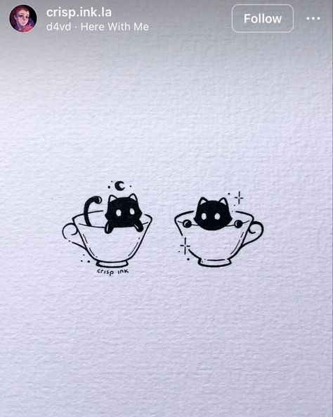 Cat In A Cup Tattoo, Cat In Coffee Cup Drawing, Cat In Coffee Cup Tattoo, Cat Tea Cup Tattoo, Cat With Coffee Tattoo, Cat In Teacup Drawing, Tea And Coffee Tattoo Matching, Cat In Cup Drawing, Simple Teacup Tattoo