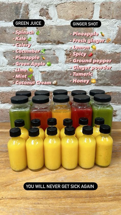 Healthy Ginger Shots, Healthy Shot Drinks, Juicing Shot Recipes, Green Juice Shots, Homemade Ginger Shots, Immunity Juice Recipes, Juice Business Ideas, Juice Shots Recipes, Juicing Business