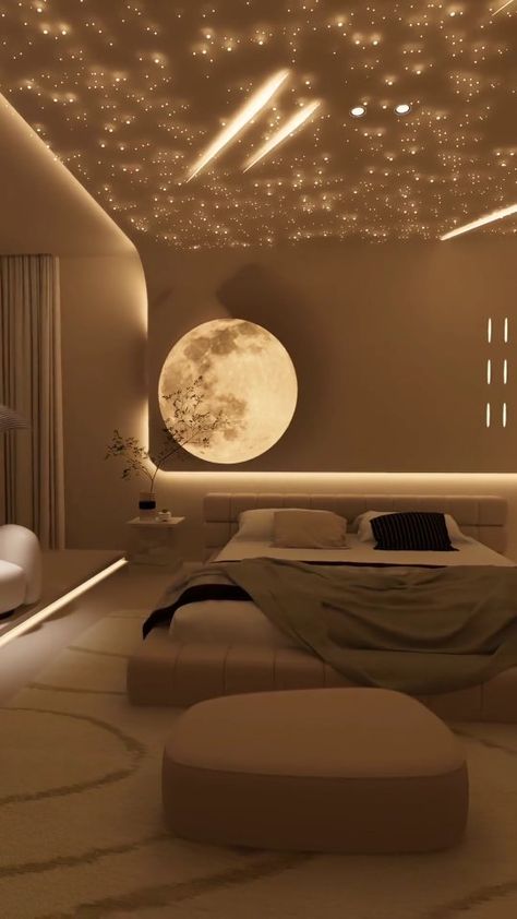 Bedroom smart lighting interior 🛌#lightingdesign 🌌 #homedesign #designhome #designerhome #homeinteriordesign #homeofficedesign… | Instagram Moon Inspired Bedroom, Cozy Modern Interior, Stylish Room Decor, Airport Fit, Interior Ceiling, Modern Apartment Design, Stylish Bedroom Design, Interior Ceiling Design, Bedroom Interior Design Luxury