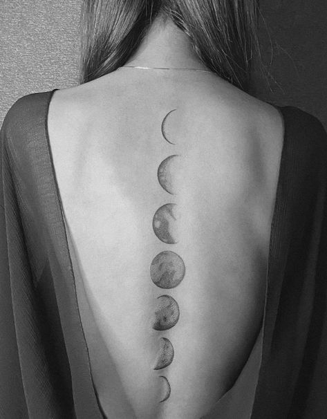 Moon Sequence Tattoo Back, Moon Phases On Spine Tattoo, Lunar Back Tattoo, Spin Moon Tattoo, Moon Phase Back Tattoo Women, Phases Of The Moon Tattoo Back, Tattoo Moon Phases Back, Moon Phases Back Tattoo Women, Floral Moon Phases Tattoo Spine