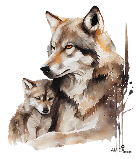 Mother Wolf with a Baby Watercolor painting with pastel brown and grey palette of colors. Wolf Watercolour Painting, Watercolor Wolf Painting, Baby Watercolor Painting, Wolf Watercolor Painting, Wildlife Watercolor, Wolf Watercolor, Beauty Of Motherhood, Baby Watercolor, Watercolor Wolf