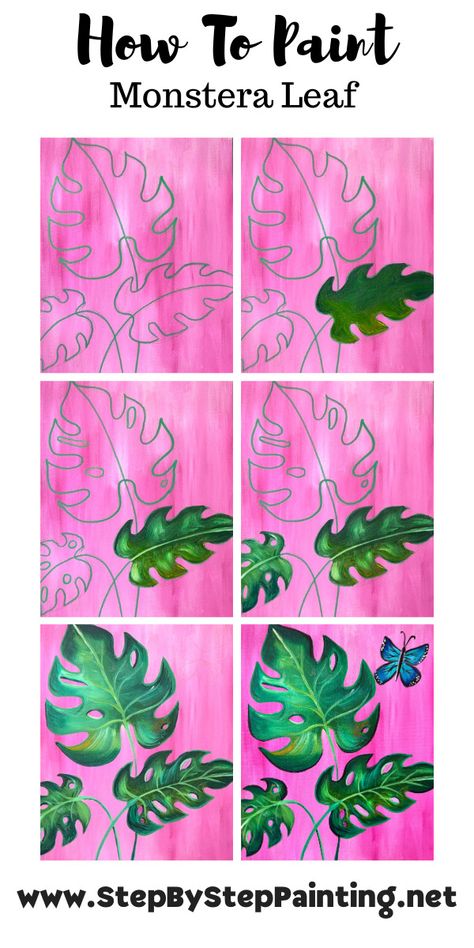 Monstera Leaf Aesthetic - Acrylic Painting Tutorial Jungle Theme Canvas Painting, Monstera Leaves Painting, How To Paint Monstera Leaf, Monstera Plant Painting Easy, Monstera Canvas Painting, Monstera Painting Acrylic Easy, Painting Monstera Leaves, Jungle Painting Acrylic Easy, Painting Ideas On Canvas Plants