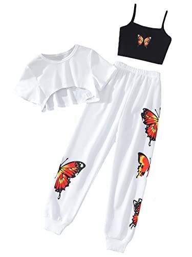 SOLY HUX Girl's Butterfly Print Cami Tops & High Low Hem Short Sleeve T Shirt with Sweatpants 3 Piece Cute School Outfits For Middle School, Butterfly Clothes, Plaid Skirt Set, Fits For Summer, Cheap Fabric, Cute Outfits For School, Butterfly Sleeves