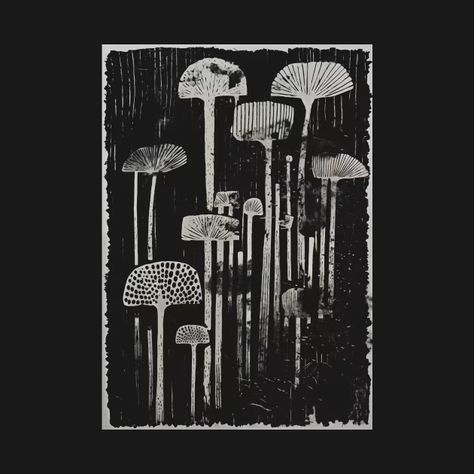 Primitive Mushrooms Abstract Distressed grunge Linocut Design - Mushrooms - T-Shirt | TeePublic Mushroom Linocut, Linocut Shirt, Linocut Design, Woodblock Print, Kids Magnets, Cool Walls, Case Stickers, Phone Case Stickers, Linocut