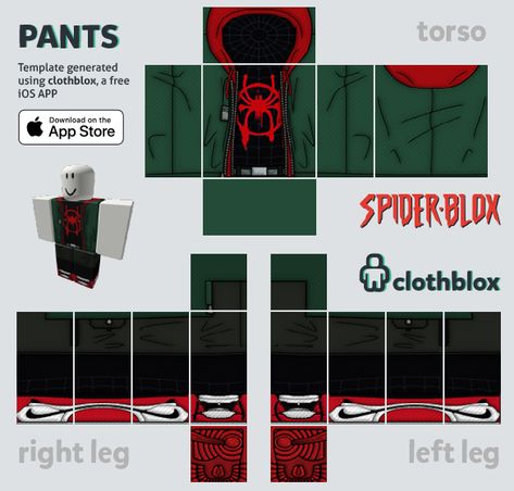 Pants Skin for roblox based on Spiderman Universe Roblox Body Template, Roblox Template, Roblox Ids, Spider Shirt, Spiderman Shirt, Super Hero Shirts, Chibi Body, Body Template, Roblox Clothes