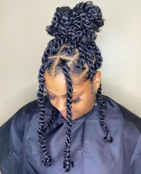 Bun Updo for Passion Twists Easy Twist Hairstyles Black Women, Two Strand Twist With Added Hair, Easy Braid Hairstyles For Black Women, Short Twists For Black Women, Twist Braids With Curls, Passion Twists Short, Short Passion Twists Hairstyle, Shoulder Length Passion Twists, Jumbo Passion Twists