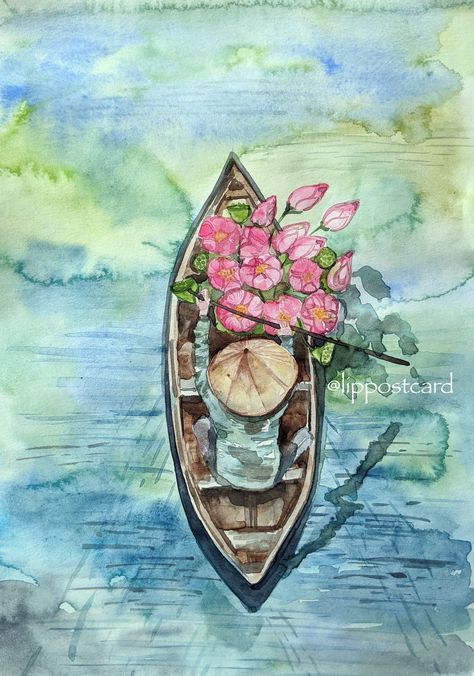 Vietnamese Art Painting, Vietnamese Boat Tattoo, Small Size Paintings, A4 Size Painting, Painting On Watercolor Paper, Watercolor On Handmade Paper, Professional Watercolor Paintings, Vietnamese Drawing, Vietnam Art Painting