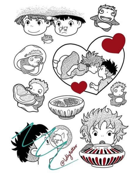 Studio Ghibli Ponyo Tattoo, Ponyo And Sasuke Tattoo, Studio Ghibli Tattoo Ideas Ponyo, Ponyo Tattoo Black And White, Studio Ghibli Tattoo Ponyo, Ponyo Drawings Studio Ghibli Art, Ponyo Sketch, Studio Ghibli Flash Tattoo, Flash Tattoo Anime