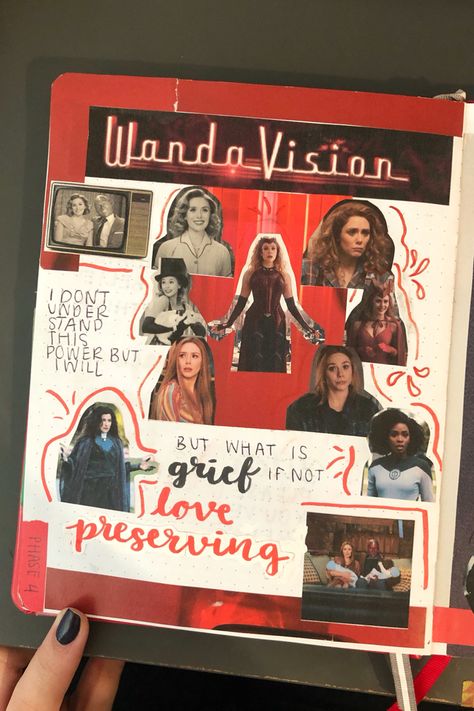 wandavision page in my mcu journal Marvel Scrapbook, Marvel Journal, Movie Journal, Film Journal, Comfort Movies, Diary Decoration, Scarlet Witch Marvel, Burn Book, Journal Inspo