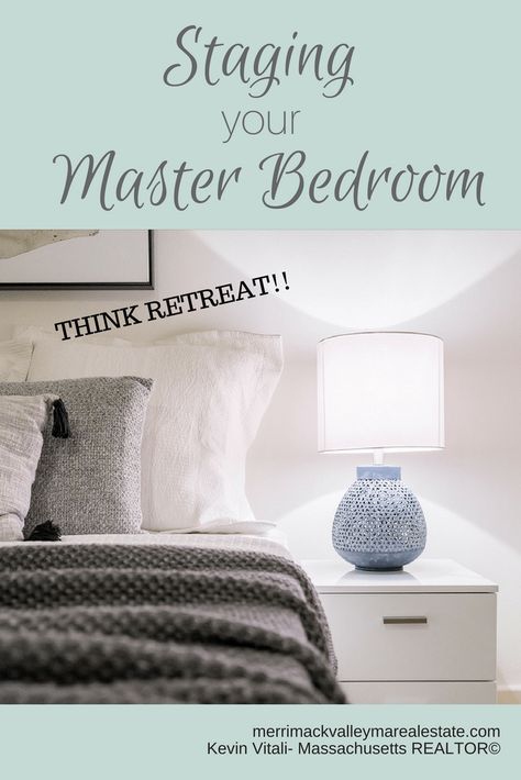 The master bedroom can be one of the more important rooms in a home you are about to sell.  I recently did an article on staging a bathroom and I said think 'spa'.  When it comes time to stage your master bedroom think 'retreat'! Remember staging and presenting your home for resale can be very different than how you actually live in your home. Staging is about presenting possibilities and potential and not about decorating.  It is about giving a buyer a clean slate to envision how they see ... Bedroom Staging, House Staging, Gray Decor, Staging Ideas, House Sale, Home Staging Tips, Cute Dorm Rooms, Gray Paint, Real Estate Video