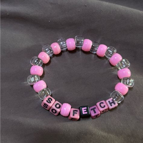 Cute Things To Write On Bracelets, Kandi Display, Beaded Bracelets Ideas Words, Pink And Blue Bracelets, Mean Girls Bracelets, Pony Beads Bracelet Ideas, Y2k Beaded Bracelets, Candy Bracelet Ideas, Rave Candy Bracelets Ideas