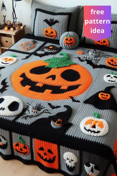 Create a spooky Halloween crochet blanket with pumpkins, ghosts, and bats. Perfect for adding festive fun to your seasonal décor! Fall Blanket Crochet, Halloween Crochet Blanket, Pumpkin And Ghost, Holiday Crochet Patterns, Fall Blanket, Halloween Crafts Decorations, Crochet Throw Blanket, Holiday Crochet, Crochet Creations