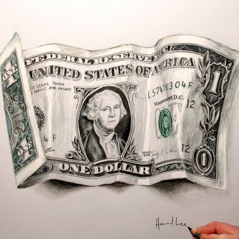 One Dollar Bill. Can you tell which is real and which is the Drawing and Painting? See the Time Lapse Videos, link below. See more #art and information about Howard Lee, Press the Image. Howard Lee, Pencil Shading Techniques, Hyperrealistic Drawing, Joker Tattoo Design, Gold Drawing, One Dollar Bill, Realistic Sketch, Chicano Art Tattoos, 3d Figures