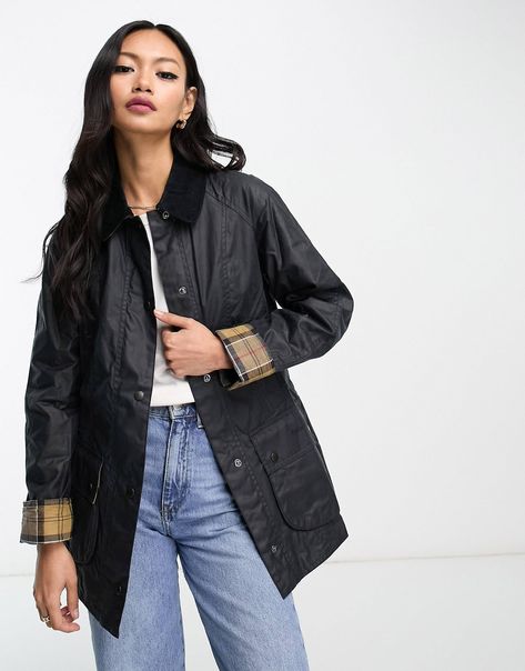 Barbour Beadnell wax jacket in navy | ASOS Women's Jackets, Women's Coats, Barbour Beadnell, Barbour Women, Wax Jacket, Barbour Jacket, Wax Jackets, Navy Women, Press Studs