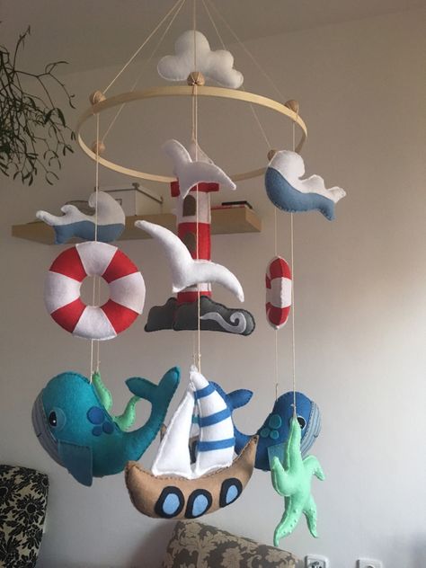 #Felt#sea# Couture, Sailor Themed Nursery, Felt Boat, Fish Mobile, Felt Name Banner, Baby Mobile Felt, Felt Fish, Felt Books, Diy Mobile