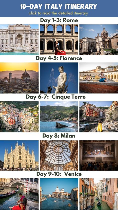 This Italy itinerary will help you plan your perfect first trip as you visit iconic cities and attractions. Read for a detailed guide with a day-by-day breakdown of what to do, where to stay, and how to get around, so you can have your itinerary ready before the trip and focus on having a fabulous time while you’re in Italy! Italy 7 Day Itinerary, 10 Days Italy Itinerary, Italy Itinerary 1 Month, Italy Travel Itinerary 10 Days, Europe Itinerary 10 Day, Italy Itinerary 1 Week, Italy Itenery, Italy Itinerary 10 Days, Italy Travel Destinations