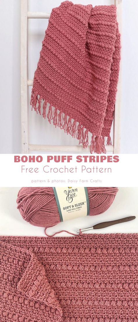 Easy Crochet Throws For Beginners, Crochet Tassel Blanket, Modern Crochet Baby Blanket Patterns Free, Yarn Saving Crochet Blanket, Boho Puff Stripes Blanket, Living Room Crochet Blanket, Free Crochet Textured Blanket Patterns, Hue And Me Crochet Patterns, Boho Stripes Crochet Blanket