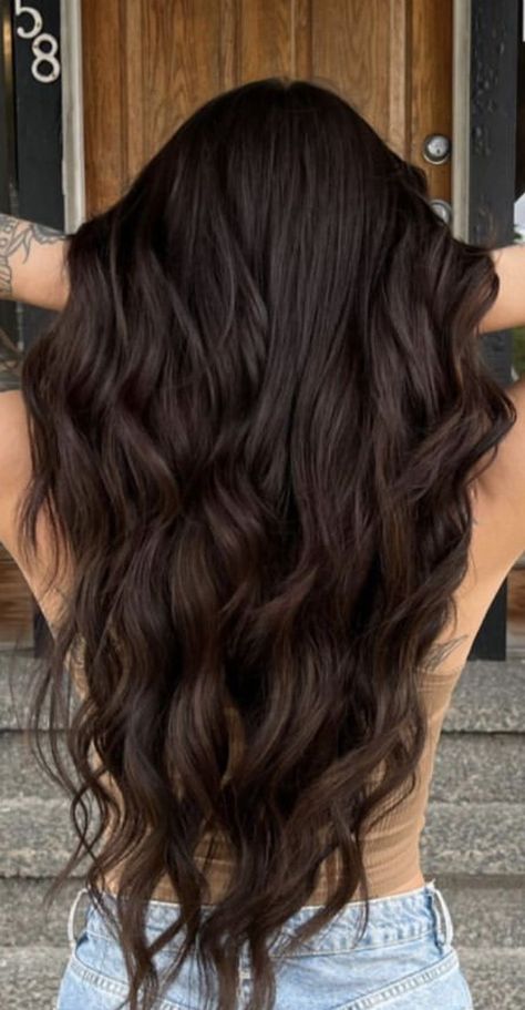 Dark Brown Reverse Balayage, Deep Chocolate Brown Hair With Dimension, Brunnet Hair Aesthetic, Darker Hair Ideas, Brunette Hair No Highlights, Sunkissed Hair Highlights, Brunnet Hair, Deep Chocolate Brown Hair Color, Dark Hair Straight