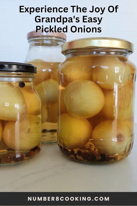 Grandpa's easy pickled onions, a time-honored recipe, yields tender, tangy onions in a sweet and sour spiced vinegar brine. I am unleashing flavorful memories. #pickledonions #pickledvegetables #homemadepickles #fermenting #recipes #cookingathome #onions Portuguese Pickled Onions, Homemade Pickled Onions, Pickling Onions Recipe, Pickle Onions Recipe Vinegar, Pickles Onions Recipe, Pickled Onions Recipe Quick, Pickled Onions Canning Recipe, How To Make Pickled Onions, Sour Mustard Pickles Recipe