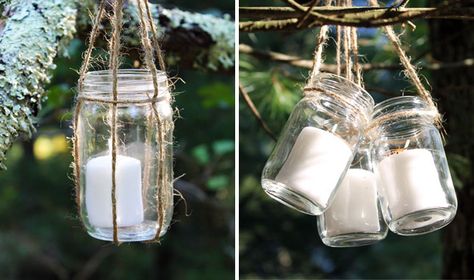 DIY Basics: Hanging Jar Lanterns ขวดโหล Mason Jar, Uses For Mason Jars, Hanging Candle Lanterns, Hanging Jars, Diy Outdoor Lighting, Mason Jar Lanterns, Hanging Mason Jars, Jar Lanterns, Hanging Candles