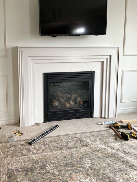 Build A Fireplace Surround, Modern Transitional Fireplace, Modern Fireplace Surround, Easy Diy Fireplace, Fireplace Surround Diy, Diy Fireplace Surround, Diy Fireplace Mantle, Wooden Fireplace Surround, Wood Fireplace Surrounds