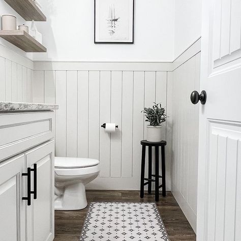 Faith | My Illinois Home on Instagram: “Brilliant idea in 3 - 2 - 1! It’s amazing what a little vertical shiplap can do! All details for this DIY project can be found in my…” Vertical Shiplap, Toilet Ideas, Powder Room Remodel, Vinyl Mat, Bathroom Accent Wall, Pvc Flooring, Bath Girls, Kitchen Hallway, Geometric Tiles