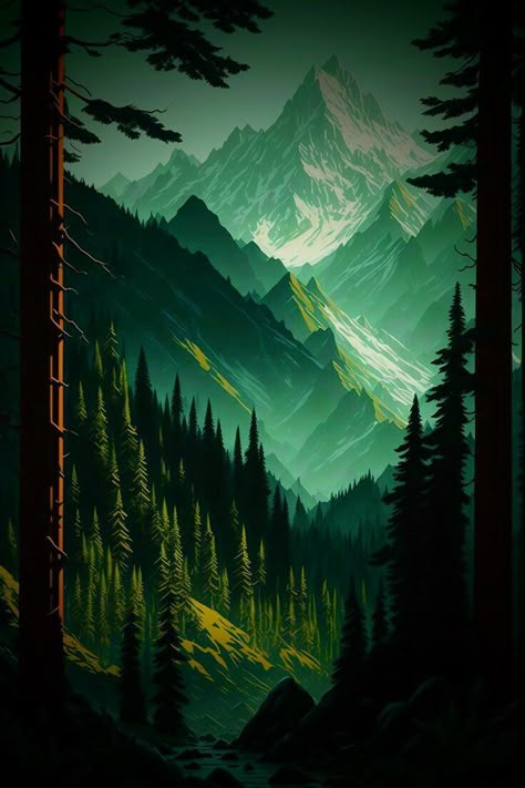 Twilight Art, Mother Earth Art, Mountains And Trees, Future Wallpaper, Forest Illustration, Background Photos, Adventure Art, Nature Posters, Landscape Art Painting