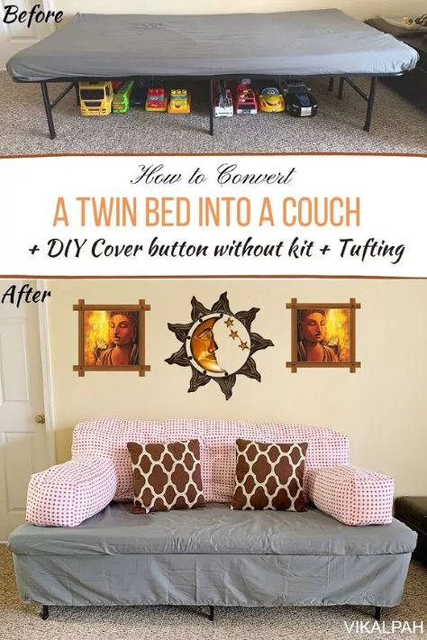 Twin Mattresses As Couch, Bed To Couch Ideas, Convert Twin Bed To Couch, Twin Bed Sofa Diy Couch, Bed To Couch Diy, Diy Couch Pillows, Twin Bed Couch Diy, Bed Couch Diy, Turning A Bed Into A Couch