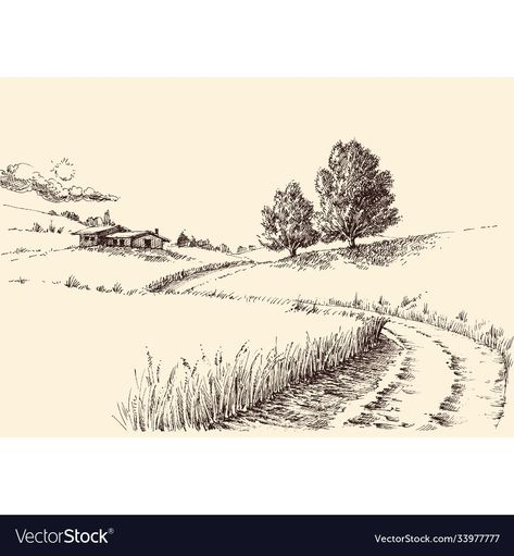 Rural Landscape Drawing, Farm Drawing Landscape, Landscape Pen Drawing, Bakery Mural, Landscape Line Drawing, Countryside Drawing, Farm Sketch, Burn Hats, Path In The Woods